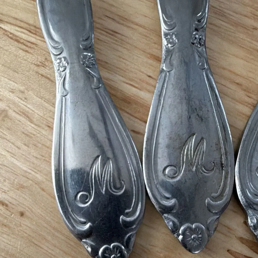 Customcraft Stainless Steel Floral Handle Monogram M Teaspoons Set of 9